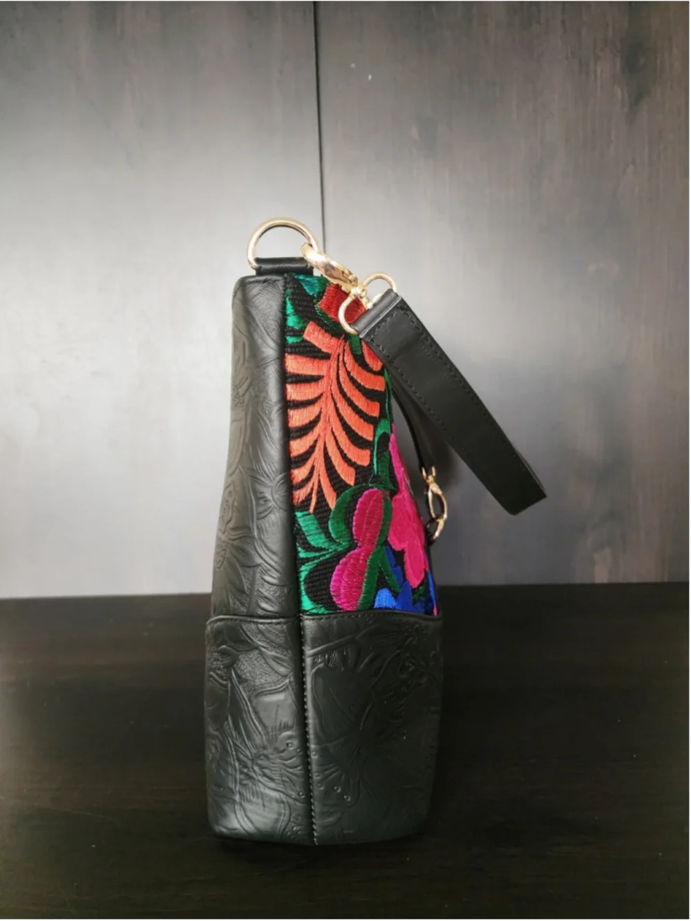 Floral Embroided Embossed Tooled Artisan LEATHER Handbag Shoulder Purse Black